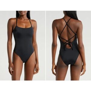 Andie Fiji Lace Up Back One Piece Black Swimsuit Medium NWOT